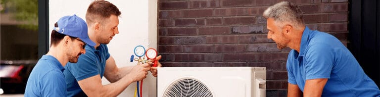 three technicians performing HVAC maintenance outside