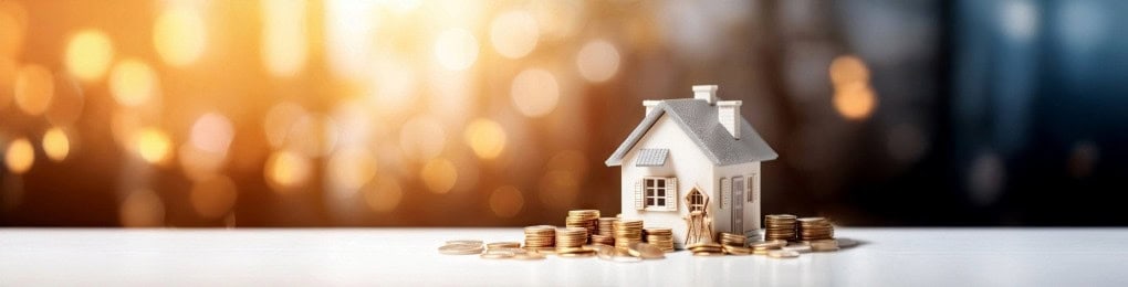 Tiny house surrounded by stacks of coins.