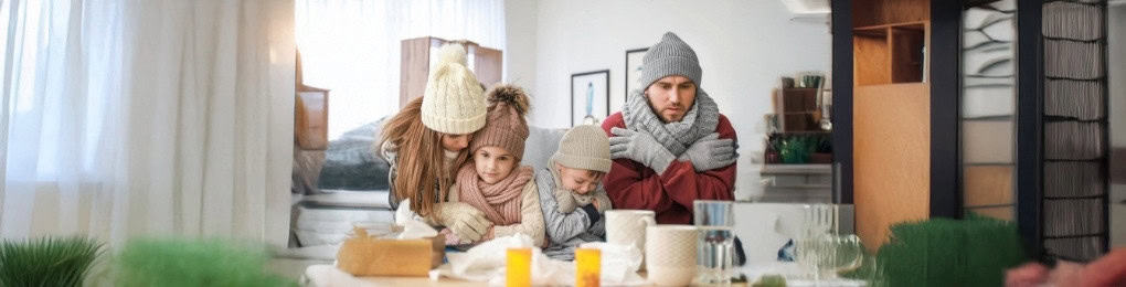 Family huddling for warmth on couch