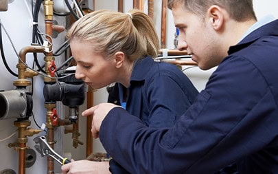 Plumbing Team Diagnosing Pipe System